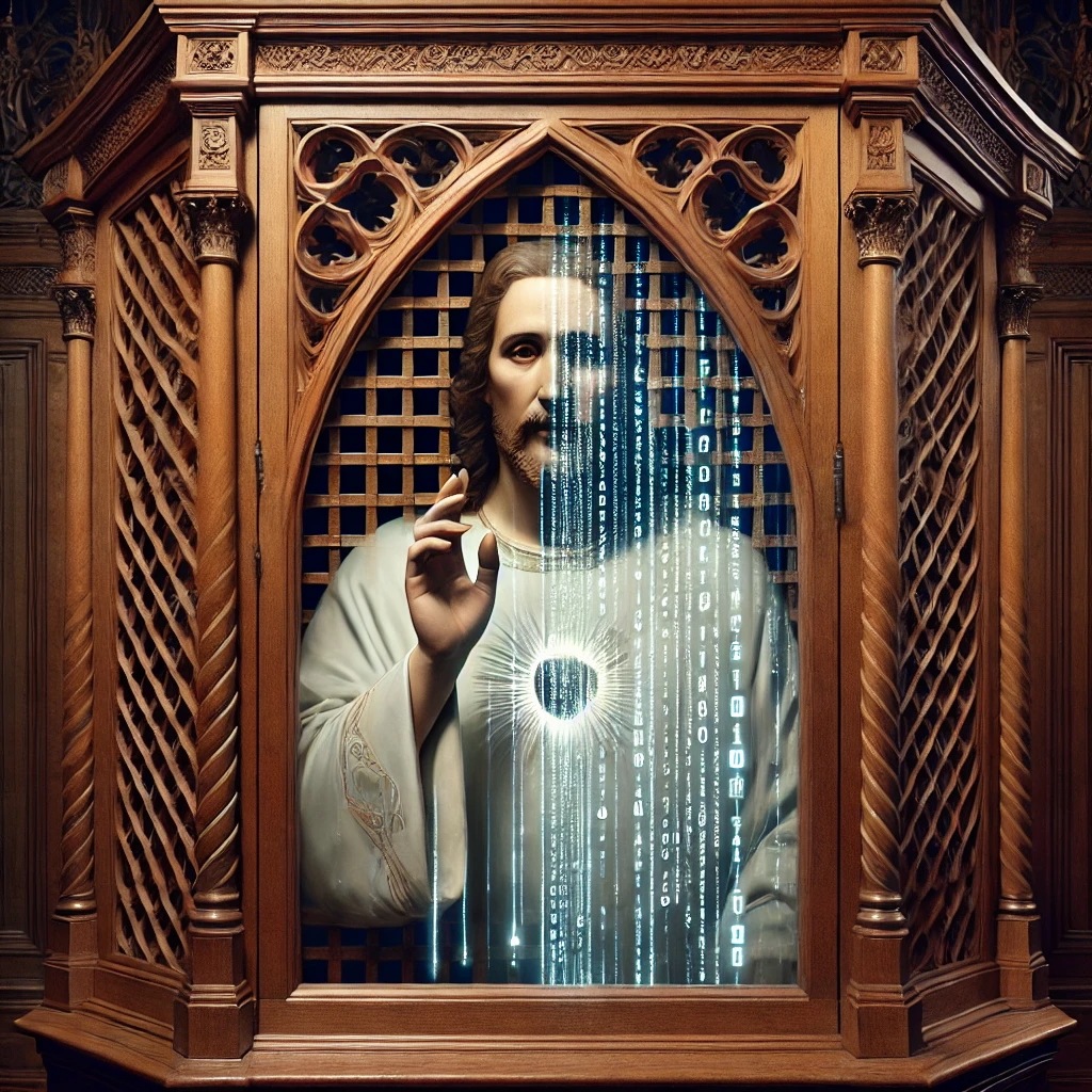 DALL&middot;E 2024-12-22 01.19.06 - A mysterious depiction of Jesus Christ with his face partially obscured behind the latticed wooden grille of a traditional Catholic confessional. The .jpeg (1.00 MB)